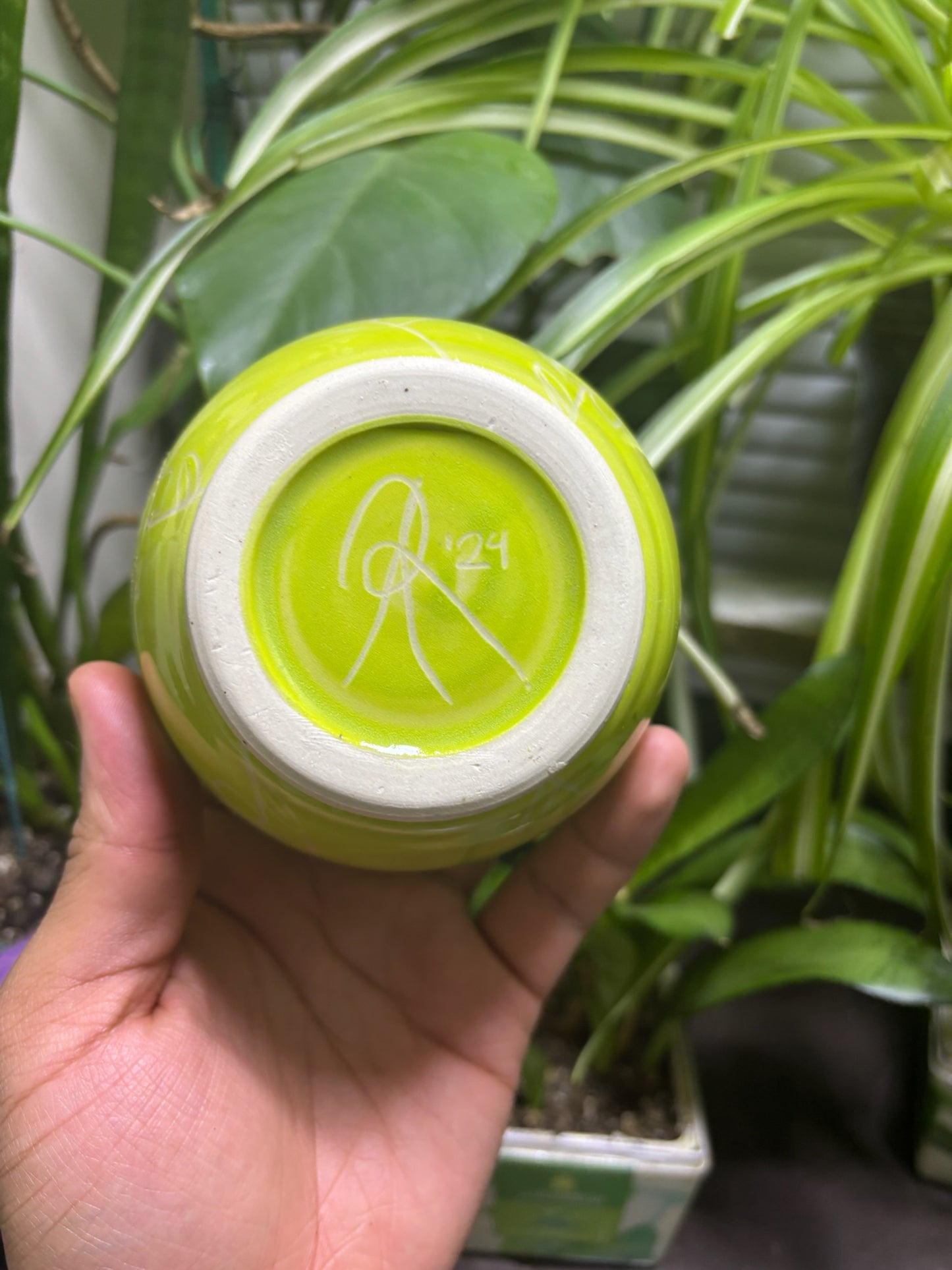 Floral Green Bowl with Ivory Interior