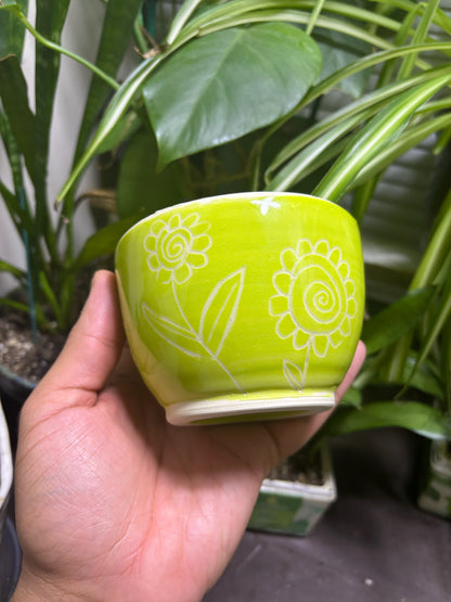 Floral Green Bowl with Ivory Interior