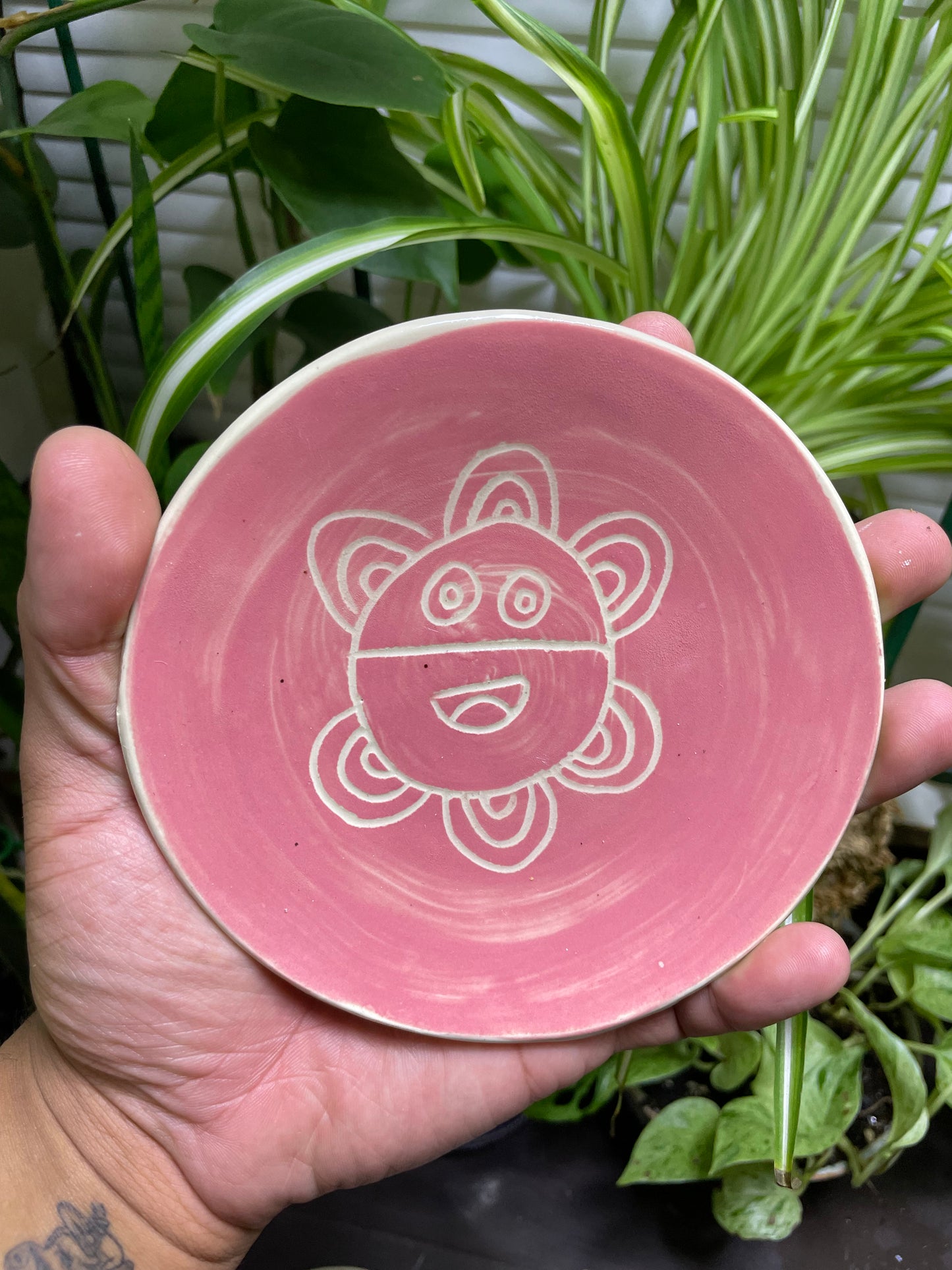 Taino Sun Trinket Dish, Spoon Rest, Jewelry Bowl, Sauce- pink